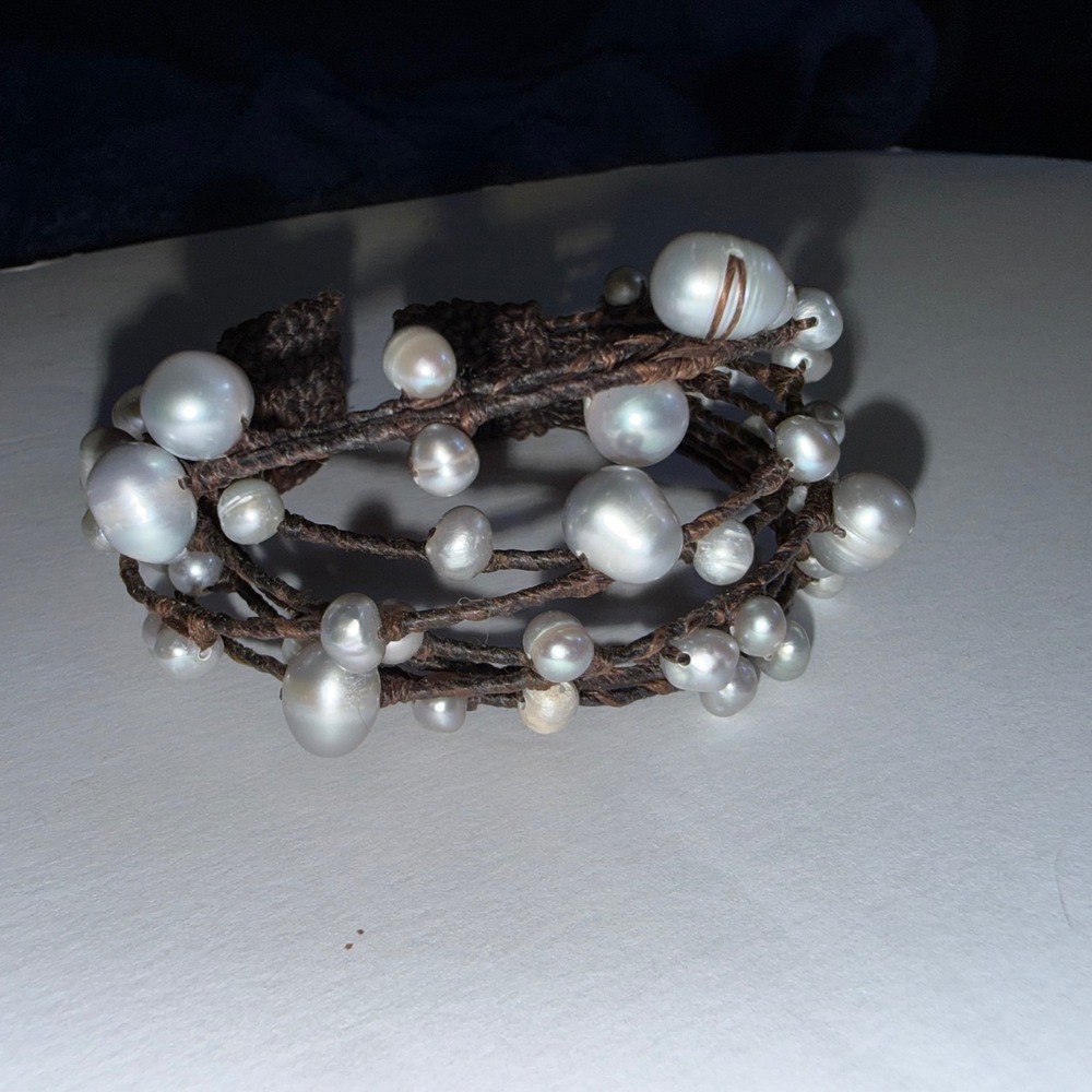 Baroque Freshwater Pearl Wrap Bracelet Brown Multi Strand Boho Coastal White - Picture 8 of 8
